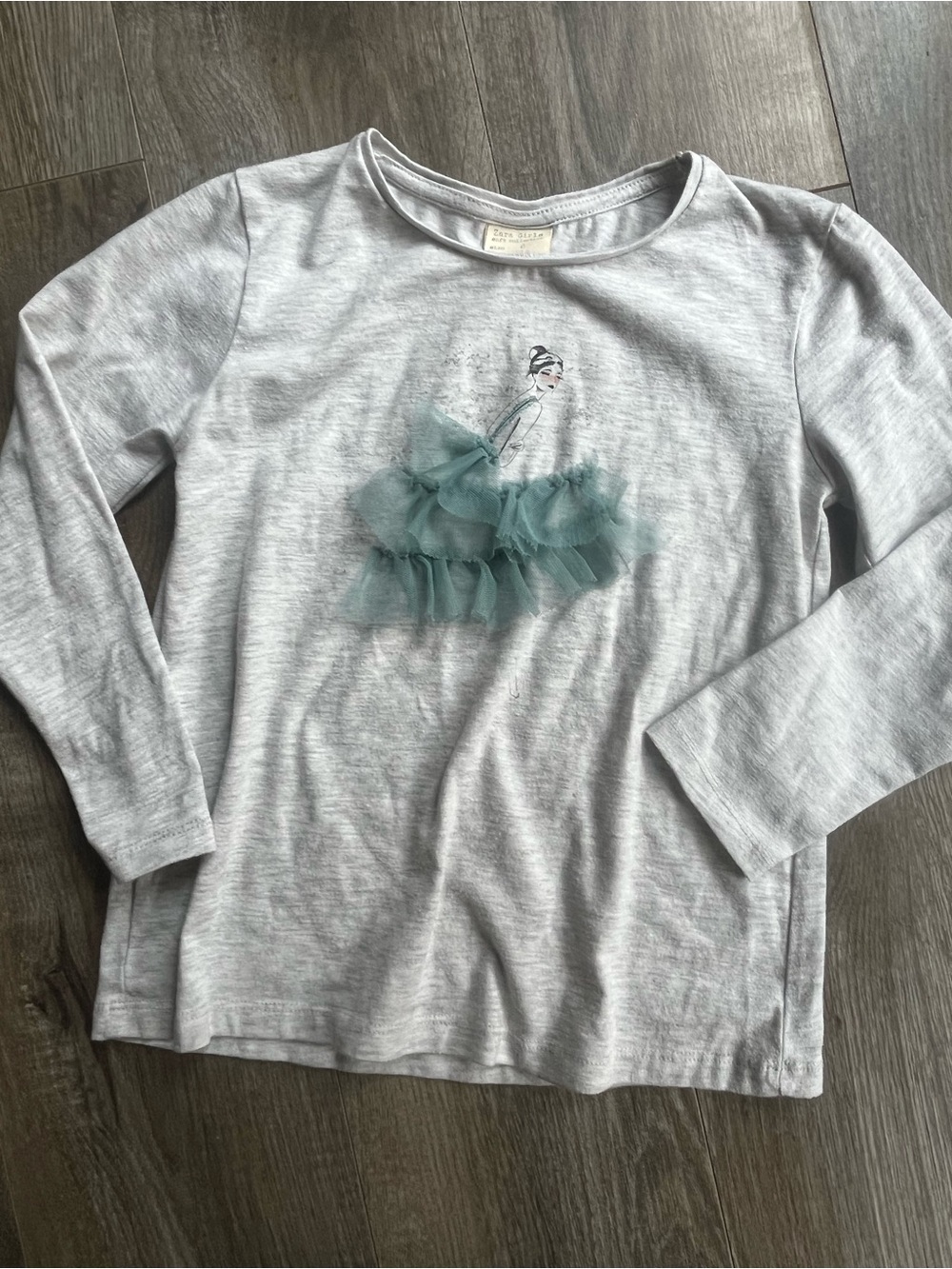 Zara Girls' Gray Long-Sleeve Top with Teal Tulle Ballerina